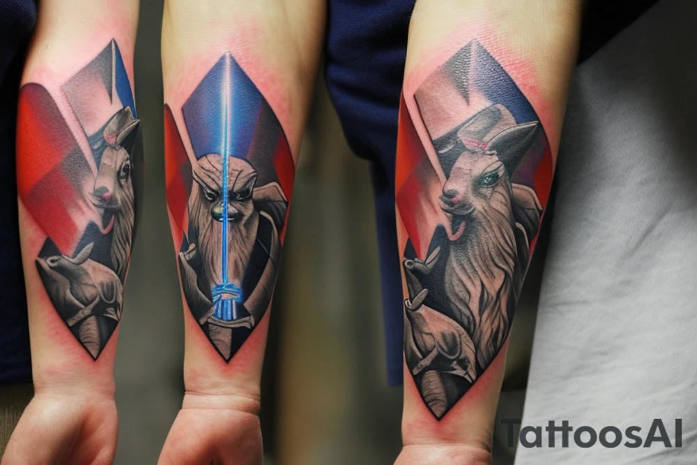 A tattoo for the forearm with a patronus of a goat coming out of a magic wand in the shape of a star wars lightsaber whose handle contains the unique ring of the lord of the rings, the patronus is in a meadow where we observe the tails  of charmander squirtle bulbasaur and pikachu as well as a tree where the ax of Kratos is planted tattoo idea