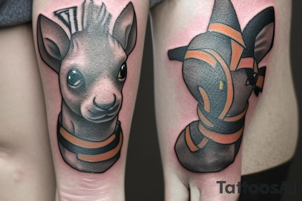 A tattoo for the forearm with a patronus of a goat coming out of a magic wand in the shape of a star wars lightsaber whose handle contains the unique ring of the lord of the rings, the patronus is in a meadow where we observe the tails  of charmander squirtle bulbasaur and pikachu as well as a tree where the ax of Kratos is planted tattoo idea