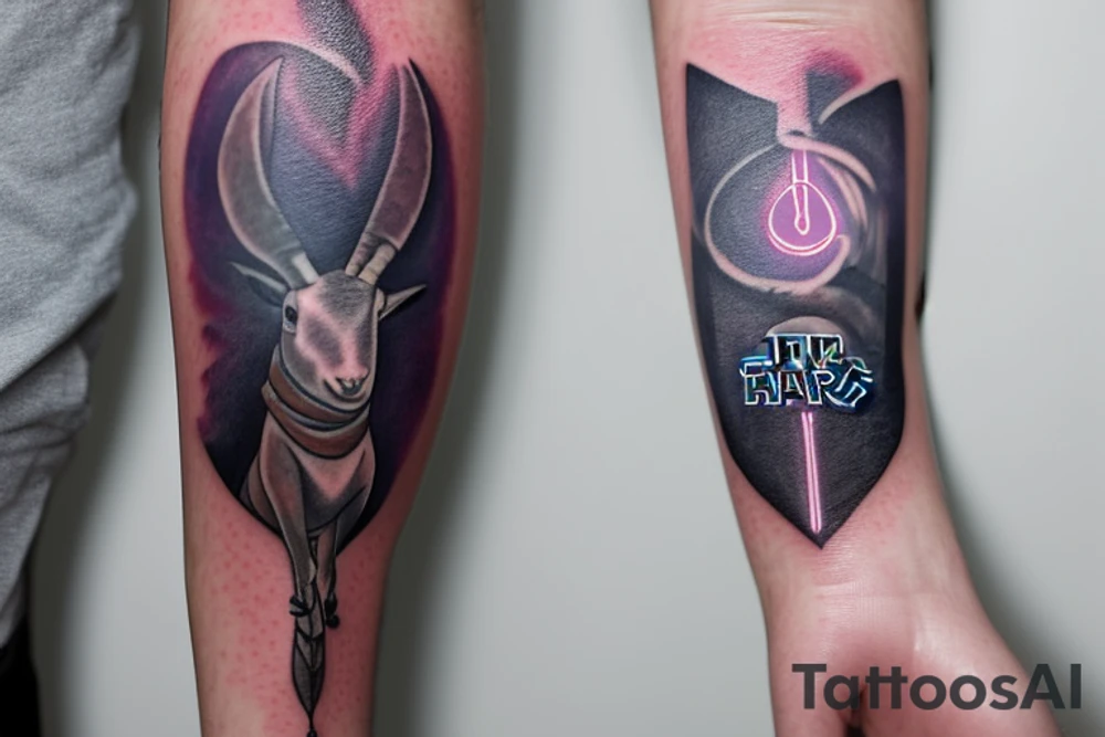 A tattoo for the forearm with a patronus of a goat coming out of a magic wand in the shape of a star wars lightsaber whose handle contains the unique ring of the lord of the rings, the patronus is in a meadow where we observe the tails  of charmander squirtle bulbasaur and pikachu as well as a tree where the ax of Kratos is planted tattoo idea