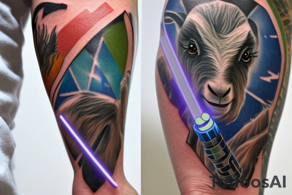 A tattoo for the forearm with a patronus of a goat coming out of a magic wand in the shape of a star wars lightsaber whose handle contains the unique ring of the lord of the rings, the patronus is in a meadow where we observe the tails  of charmander squirtle bulbasaur and pikachu as well as a tree where the ax of Kratos is planted tattoo idea