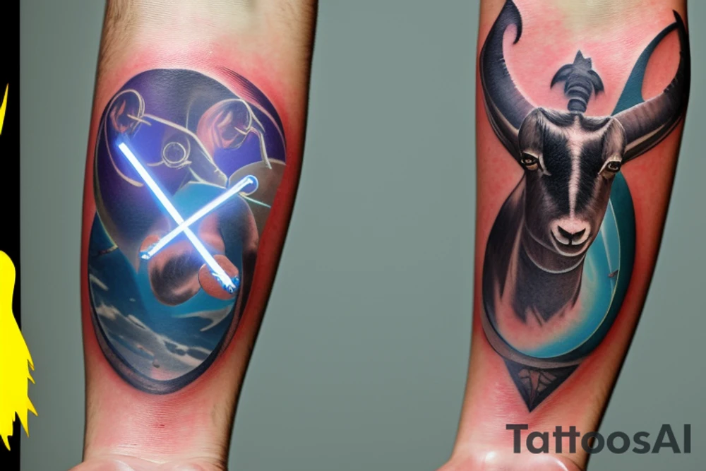 A tattoo for the forearm with a patronus of a goat coming out of a magic wand in the shape of a star wars lightsaber whose handle contains the unique ring of the lord of the rings, the patronus is in a meadow where we observe the tails  of charmander squirtle bulbasaur and pikachu as well as a tree where the ax of Kratos is planted tattoo idea