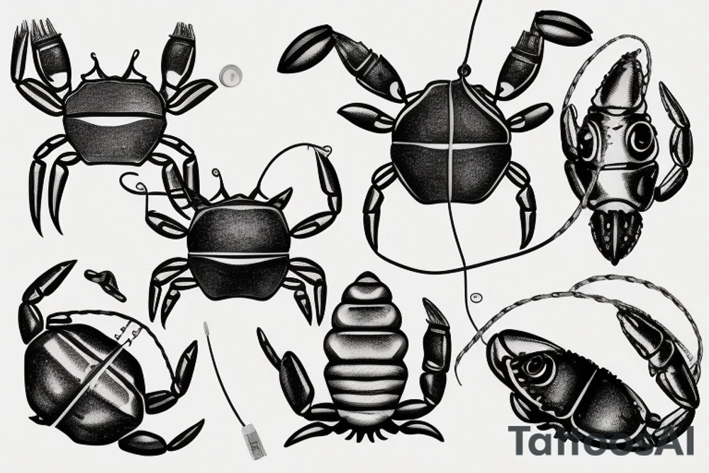 Fishing line in a hear shape with the name Placido and crab tattoo idea