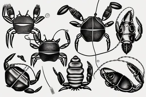 Fishing line in a hear shape with the name Placido and crab tattoo idea