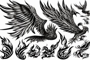 fire phoenix bird flying upwards with long tail tattoo idea