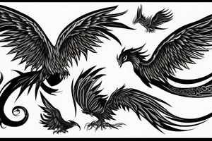 flying fire phoenix bird with long tail and scary head tattoo idea
