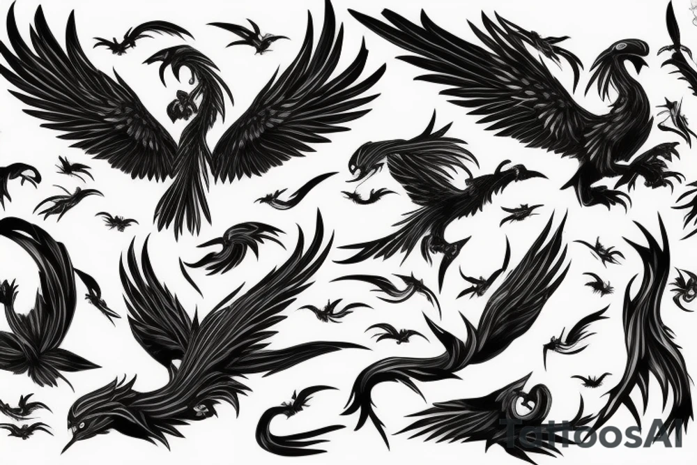 flying fire phoenix bird with long tail and scary head tattoo idea