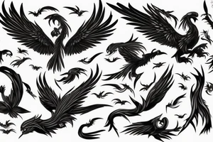 flying fire phoenix bird with long tail and scary head tattoo idea