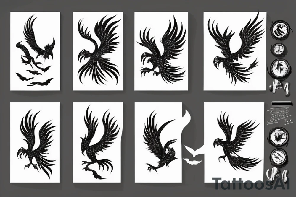 flying fire phoenix bird with long tail and scary head tattoo idea