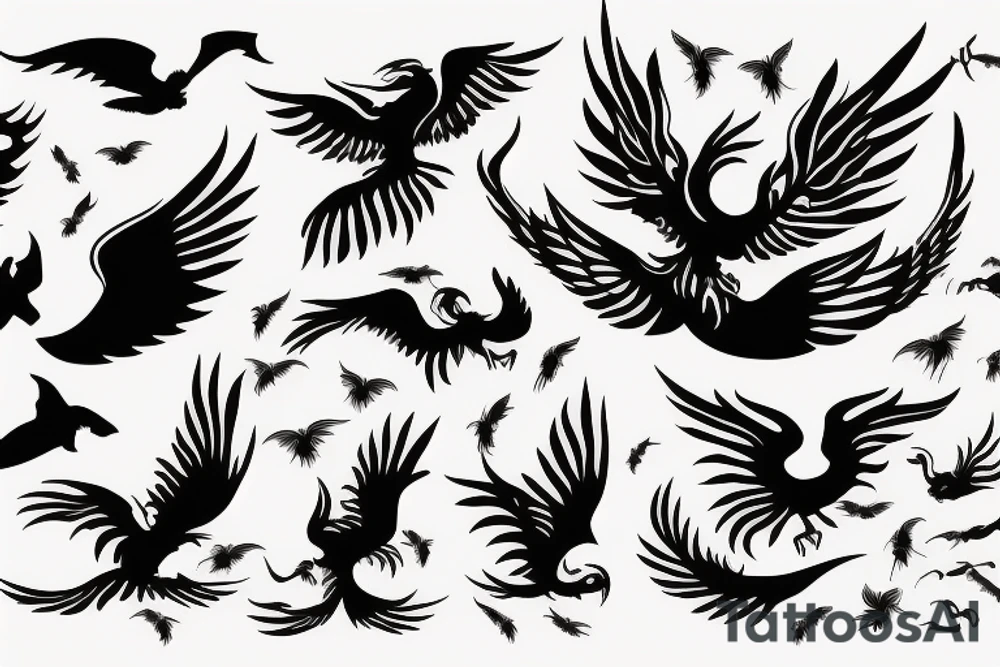 flying fire phoenix bird with long tail and scary head tattoo idea