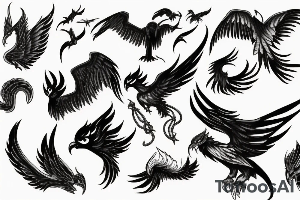 flying fire phoenix bird with long tail and scary head tattoo idea