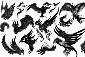 flying fire phoenix bird with long tail and scary head tattoo idea