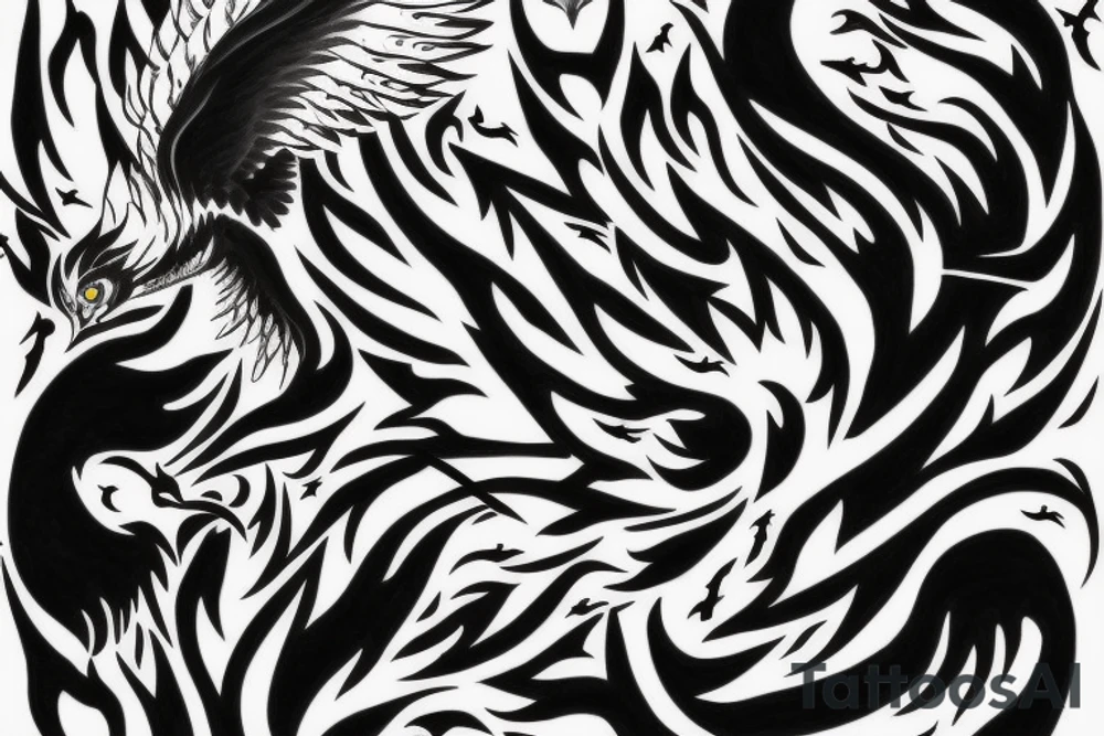 flying fire phoenix bird with long tail and scary head tattoo idea