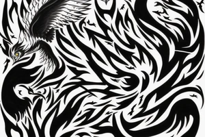 flying fire phoenix bird with long tail and scary head tattoo idea