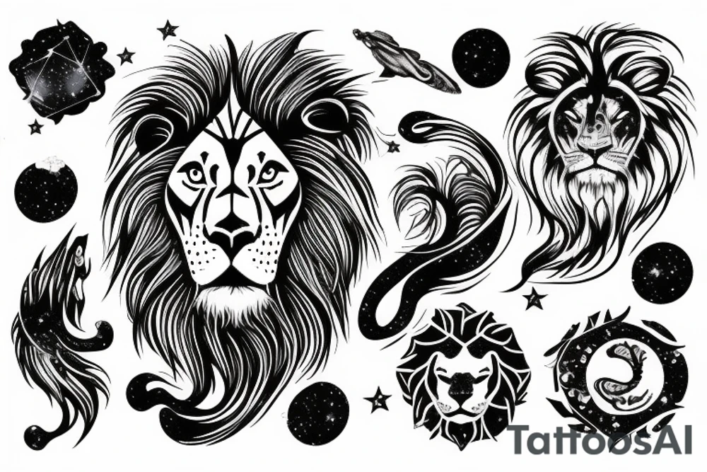 Leo star sign, lion constellation in a swirling galaxy tattoo idea