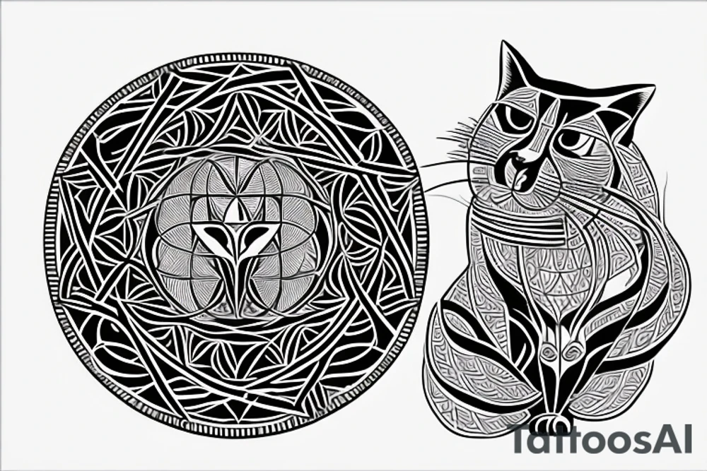 minimalistic cat with sacred geometry around tattoo idea