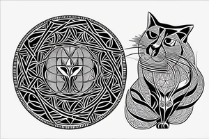 minimalistic cat with sacred geometry around tattoo idea
