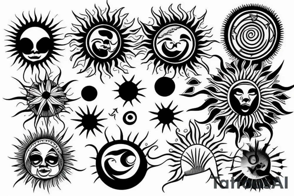 Sun with sun pattern behind tattoo idea