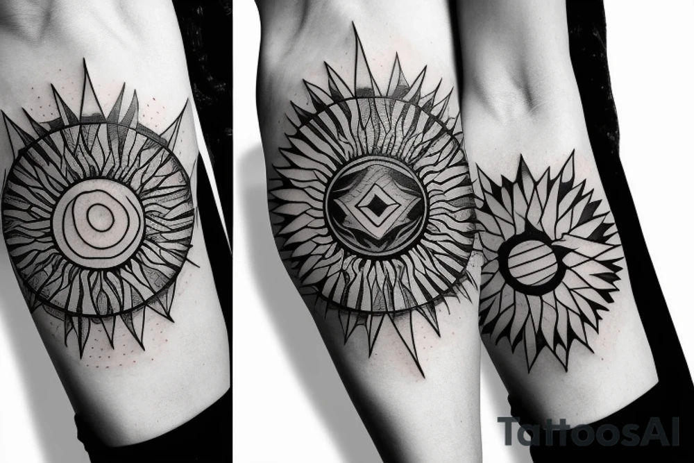 Sun in the middle with geometrical pattern behind the sun tattoo idea Sun in the middle with geometrical pattern behind the sun tattoo idea