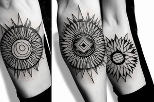 Sun in the middle with geometrical pattern behind the sun tattoo idea