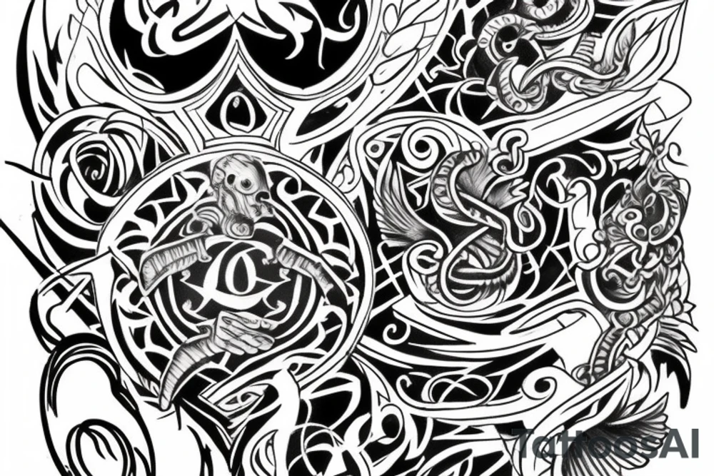 I need a tattoo in a sketch style, the base of which is a broken infinity sign. Also, the tattoo should contain symbols of violence and release from responsibility and liberation of the spirit, and should also contain symbols of strength and compassion. tattoo idea