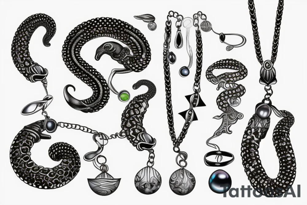 necklace made of sea snake with black pearl pendant tattoo idea