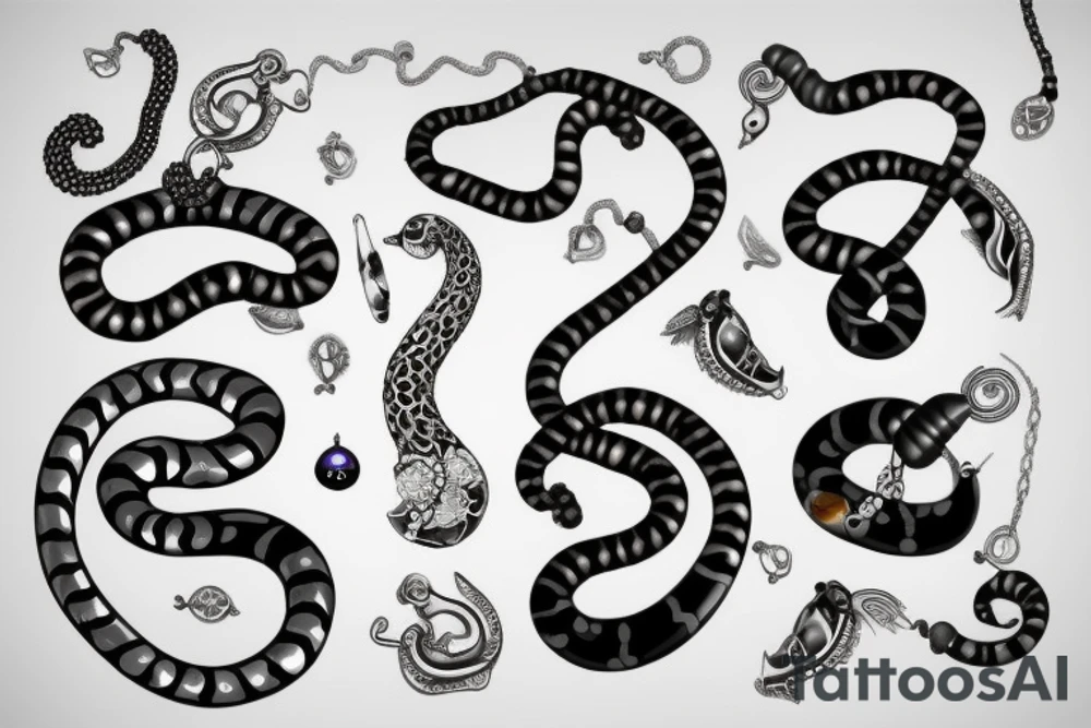 necklace made of sea snake with black pearl pendant tattoo idea