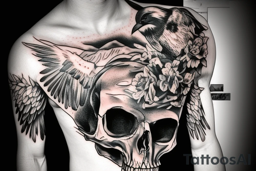 crow sitting on a skull tattoo idea