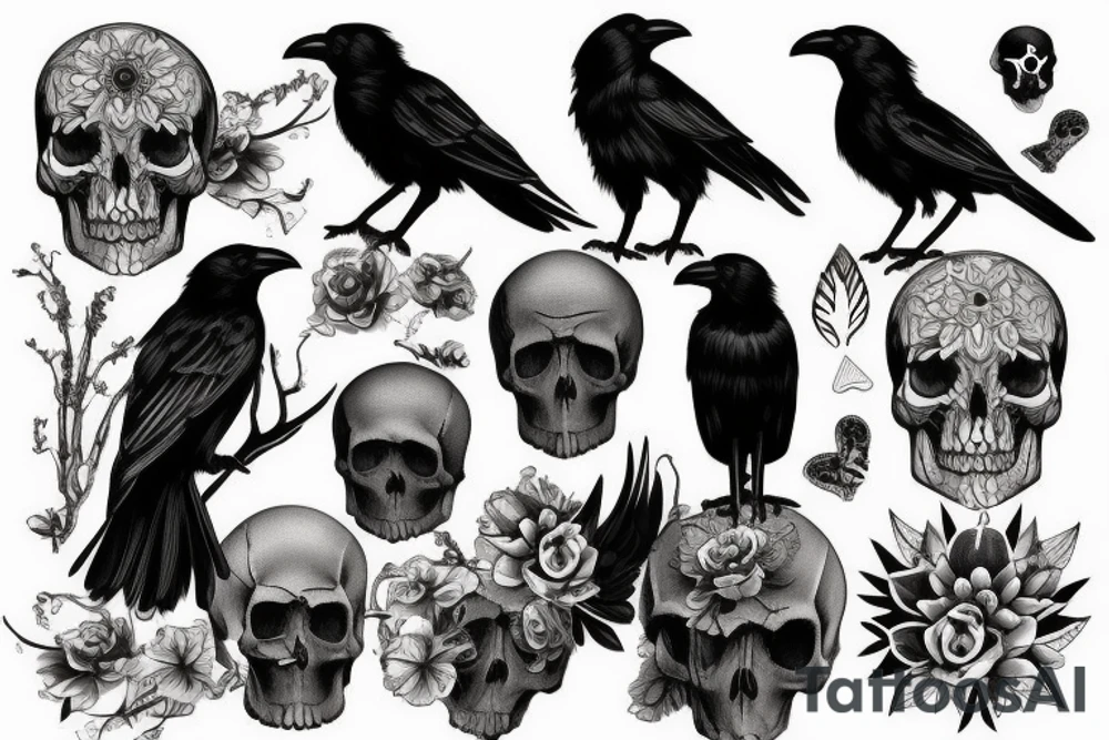crow sitting on a skull tattoo idea