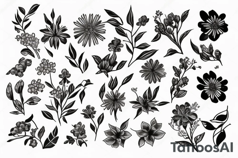 Wild flowers and six apple tree flowers on hand tattoo idea