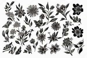 Wild flowers and six apple tree flowers on hand tattoo idea