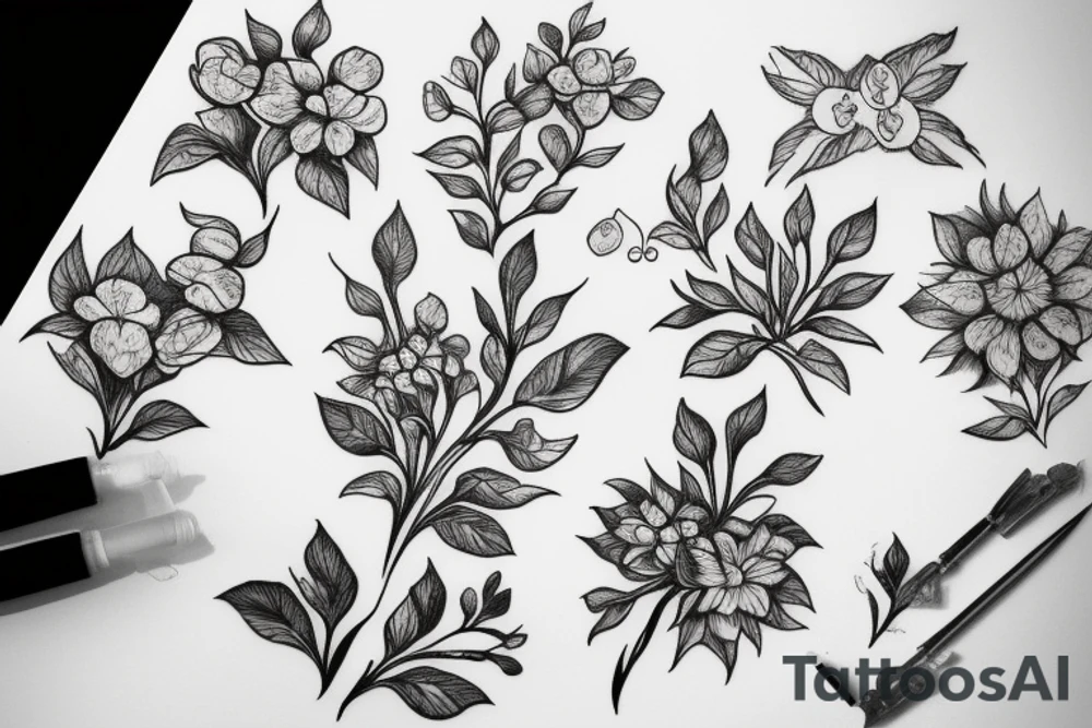 Wild flowers and six apple tree flowers on hand tattoo idea