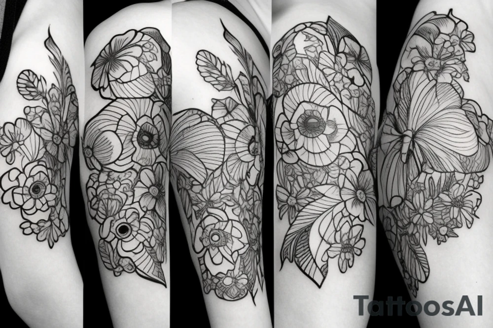 meadow flowers and six apple blossoms that wrap around the elbow tattoo idea