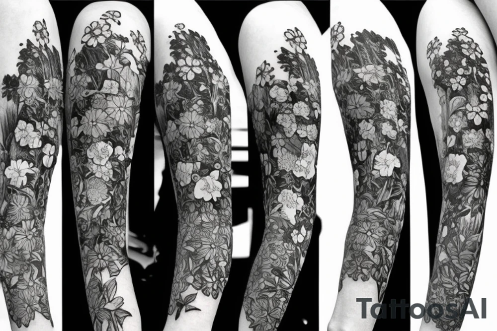 meadow flowers and six apple blossoms that wrap around the elbow tattoo idea