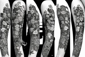 meadow flowers and six apple blossoms that wrap around the elbow tattoo idea