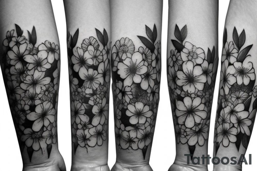 meadow flowers and six apple blossoms that wrap around the elbow tattoo idea