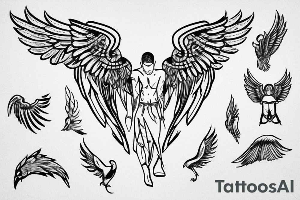 Minimal outline of a Man with wings falling tattoo idea
