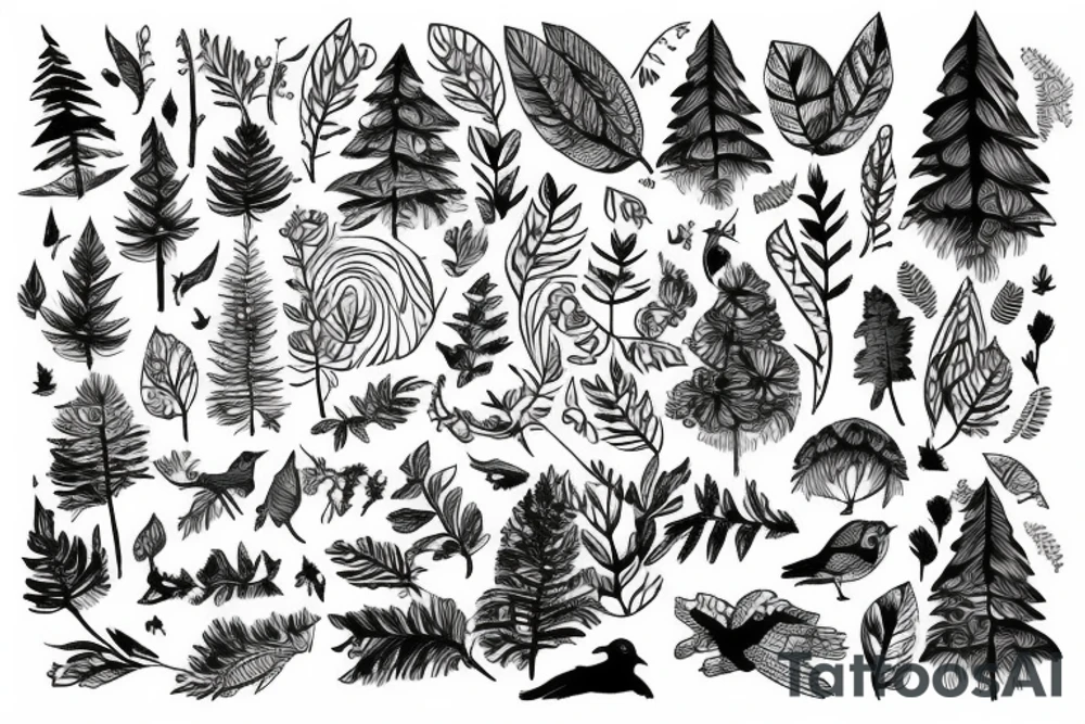 Forest in color, with birds and sunset tattoo idea