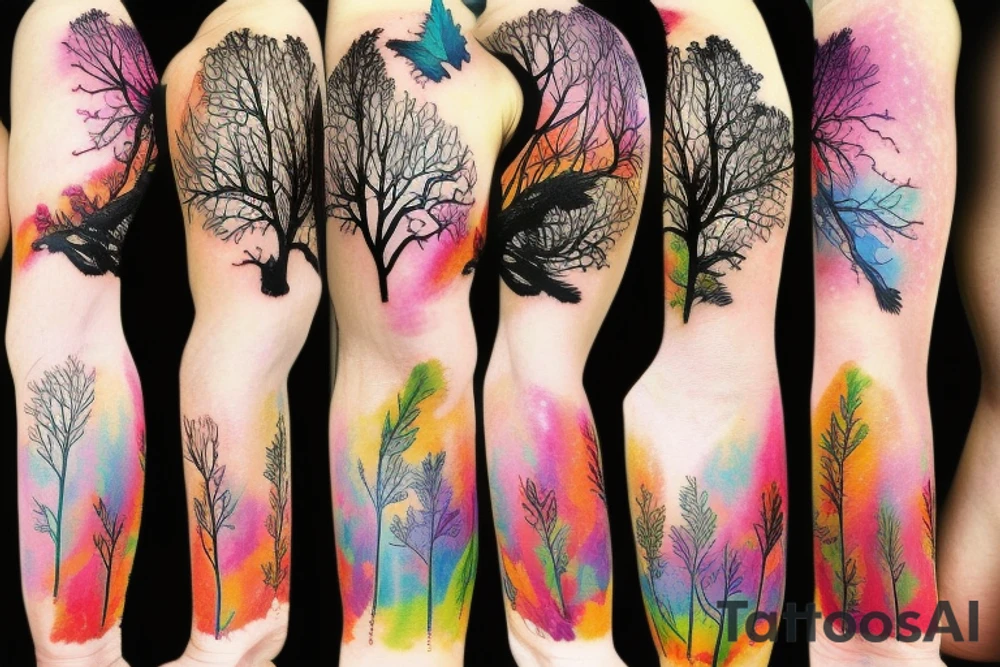 Forest in color, with birds and sunset tattoo idea