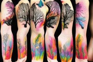 Forest in color, with birds and sunset tattoo idea