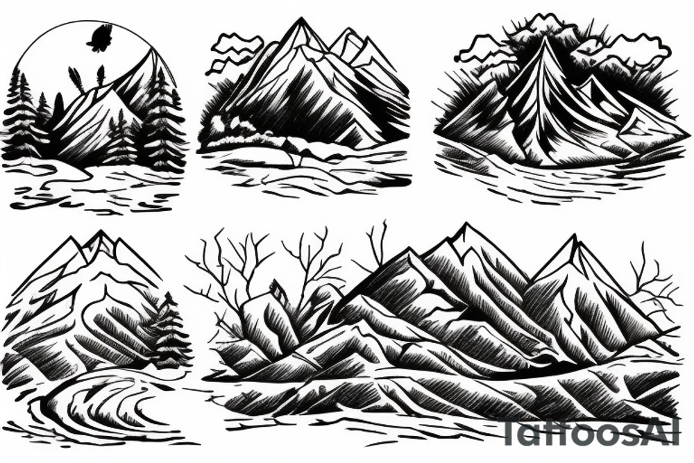 Mountain and tree scene in winter and ducking hunting with son in the front tattoo idea