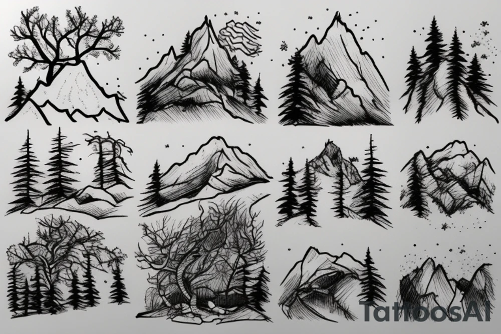 Mountain and tree scene in winter and ducking hunting with son in the front tattoo idea