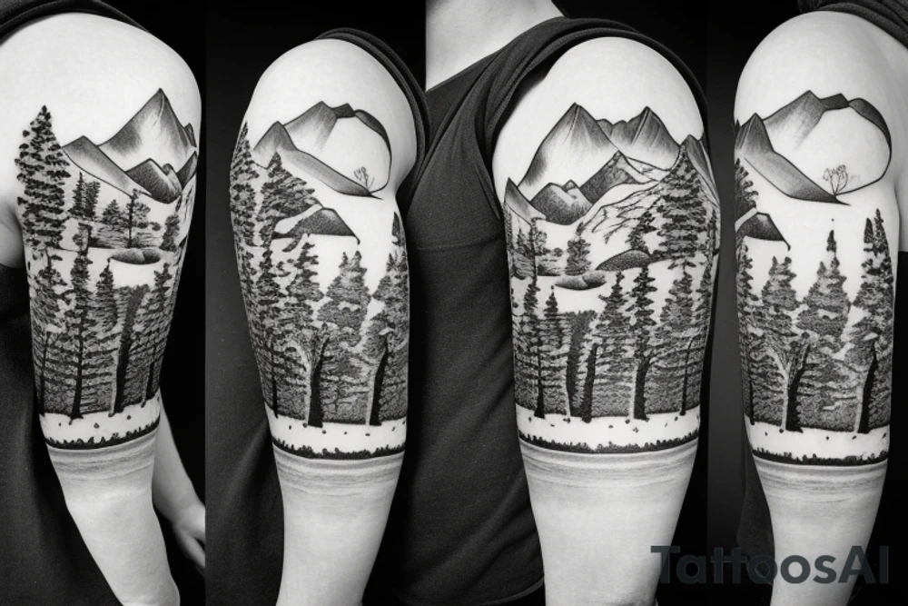 Mountain and tree scene in winter and ducking hunting with son in the front tattoo idea