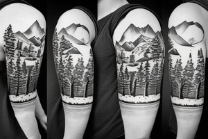 Mountain and tree scene in winter and ducking hunting with son in the front tattoo idea
