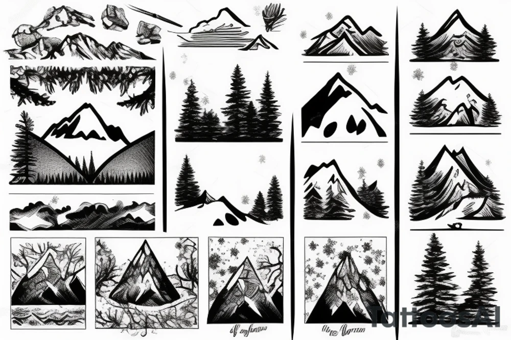 Mountain and tree scene in winter and ducking hunting with son in the front tattoo idea