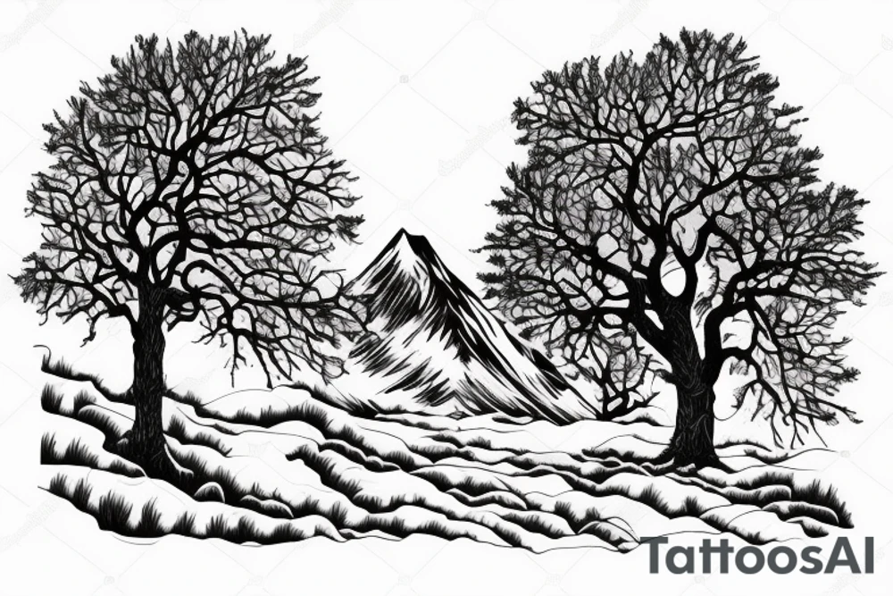 Mountain and tree scene in winter and ducking hunting with son in the front tattoo idea