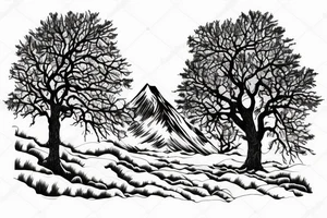 Mountain and tree scene in winter and ducking hunting with son in the front tattoo idea