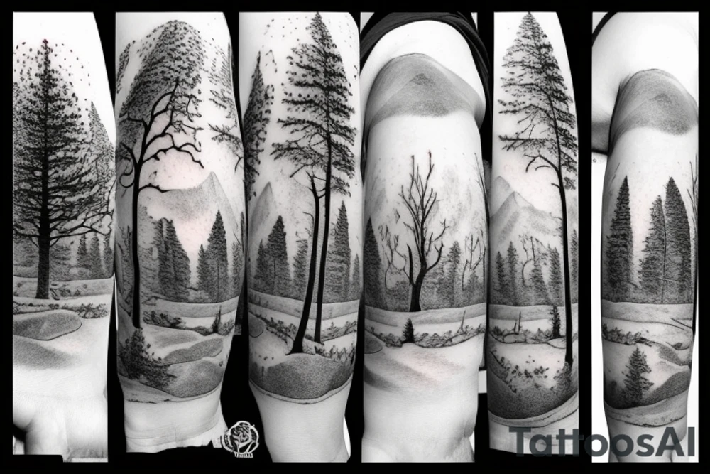 Mountain and tree scene in winter and ducking hunting with son in the front tattoo idea