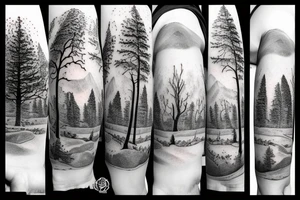 Mountain and tree scene in winter and ducking hunting with son in the front tattoo idea