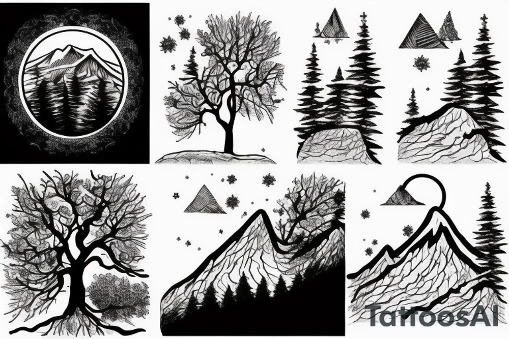 Mountain and tree scene in winter and ducking with son in the front tattoo idea