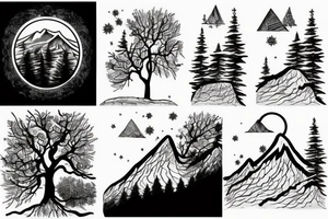 Mountain and tree scene in winter and ducking with son in the front tattoo idea